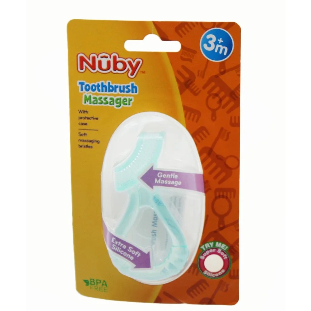 Nuby Toothbrush Massager 3m+ Extra Soft Silicone BPA Free with Case Aqua Blue
